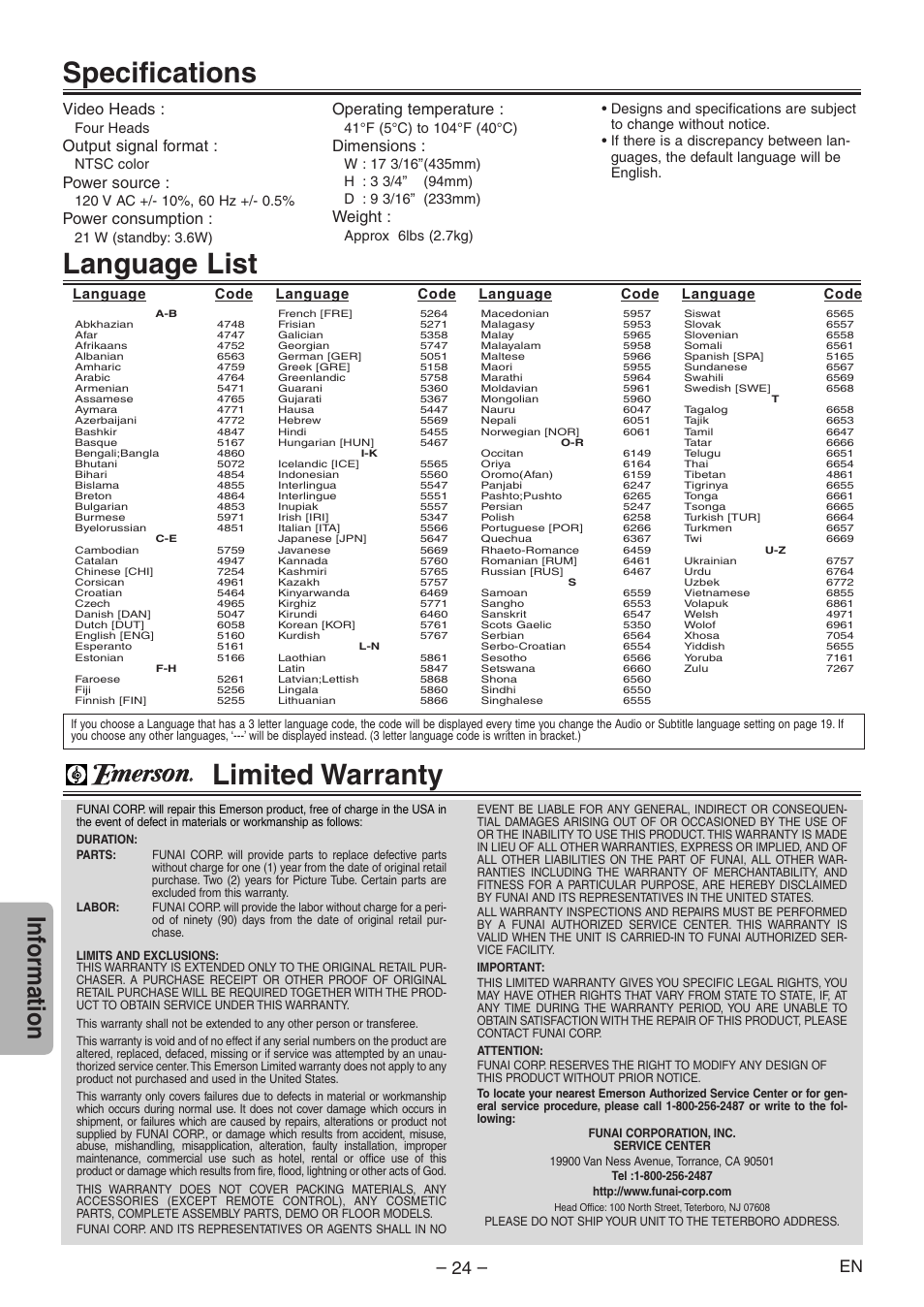 Language list, Specifications, Limited warranty | Inf ormation, Video heads, Output signal format, Power source, Power consumption, Operating temperature, Dimensions | Emerson EWD2204 User Manual | Page 24 / 28