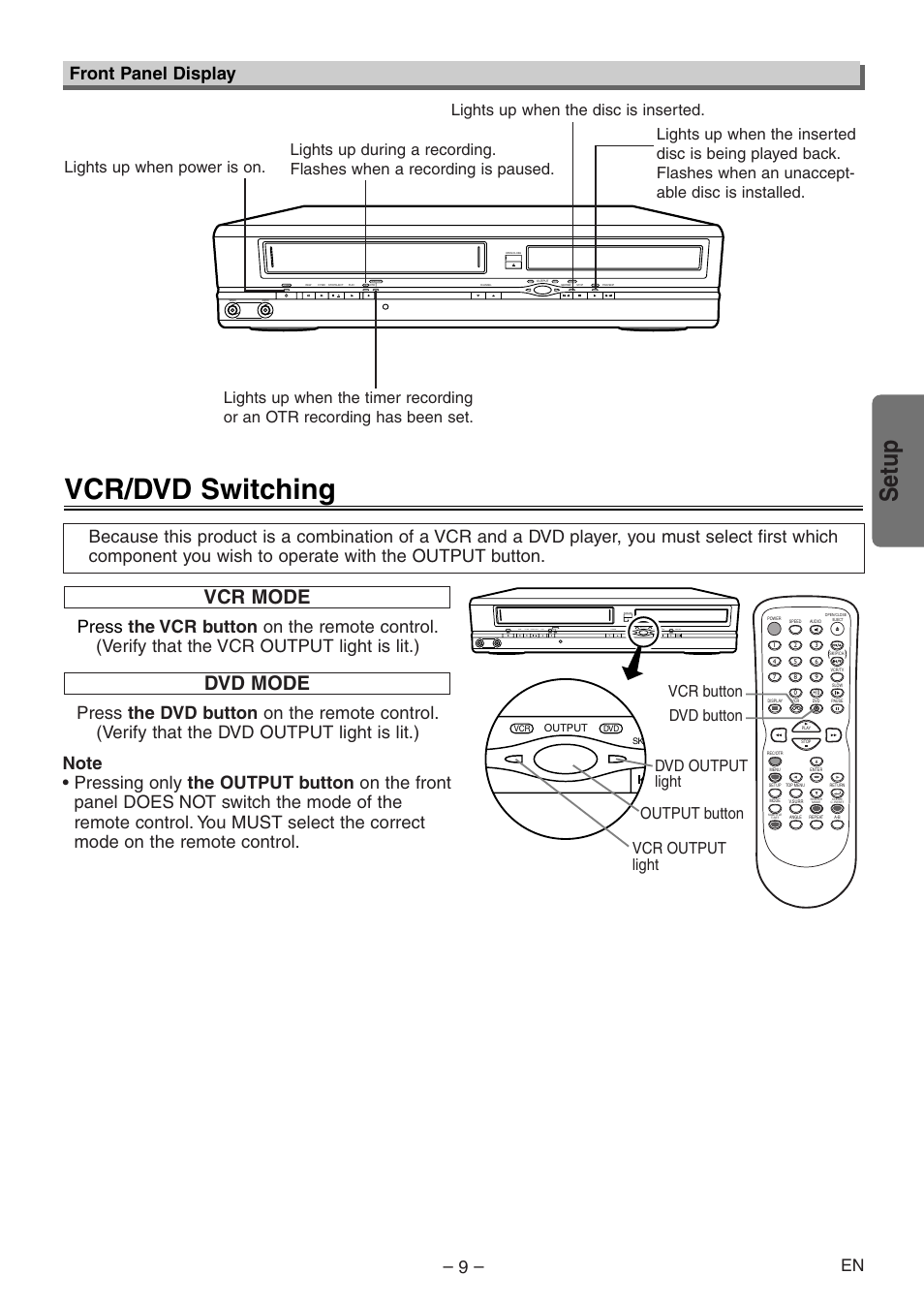 Vcr/dvd switching, Setup, Vcr mode | Dvd mode, Front panel display | Emerson EWD2204 User Manual | Page 9 / 28