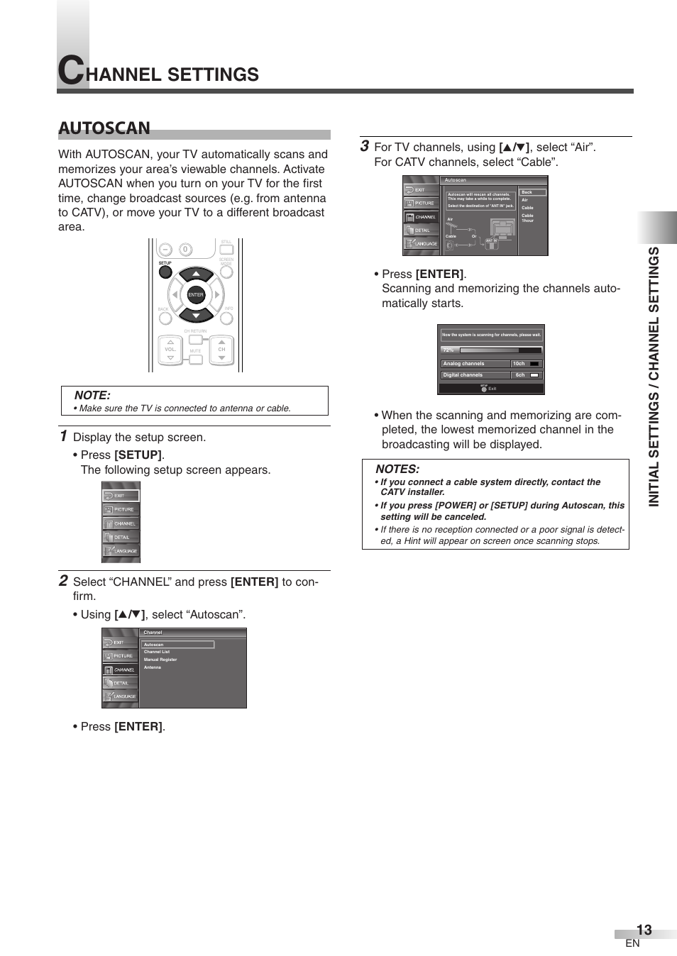 Autoscan, Hannel settings, Initial settings / channel settings | Emerson LC320EM8 User Manual | Page 13 / 36