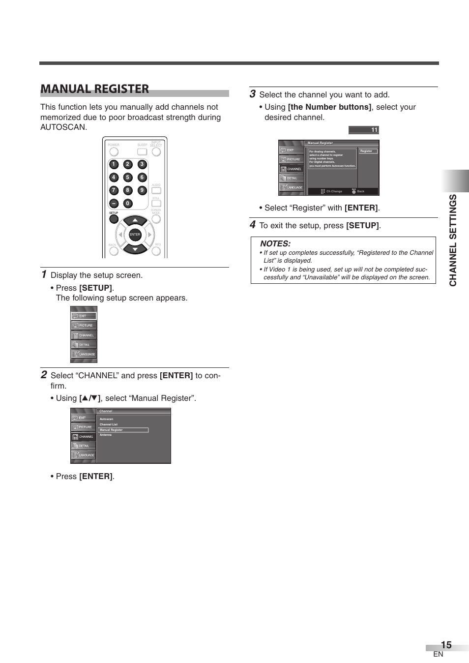 Manual register, Channel settings | Emerson LC320EM8 User Manual | Page 15 / 36