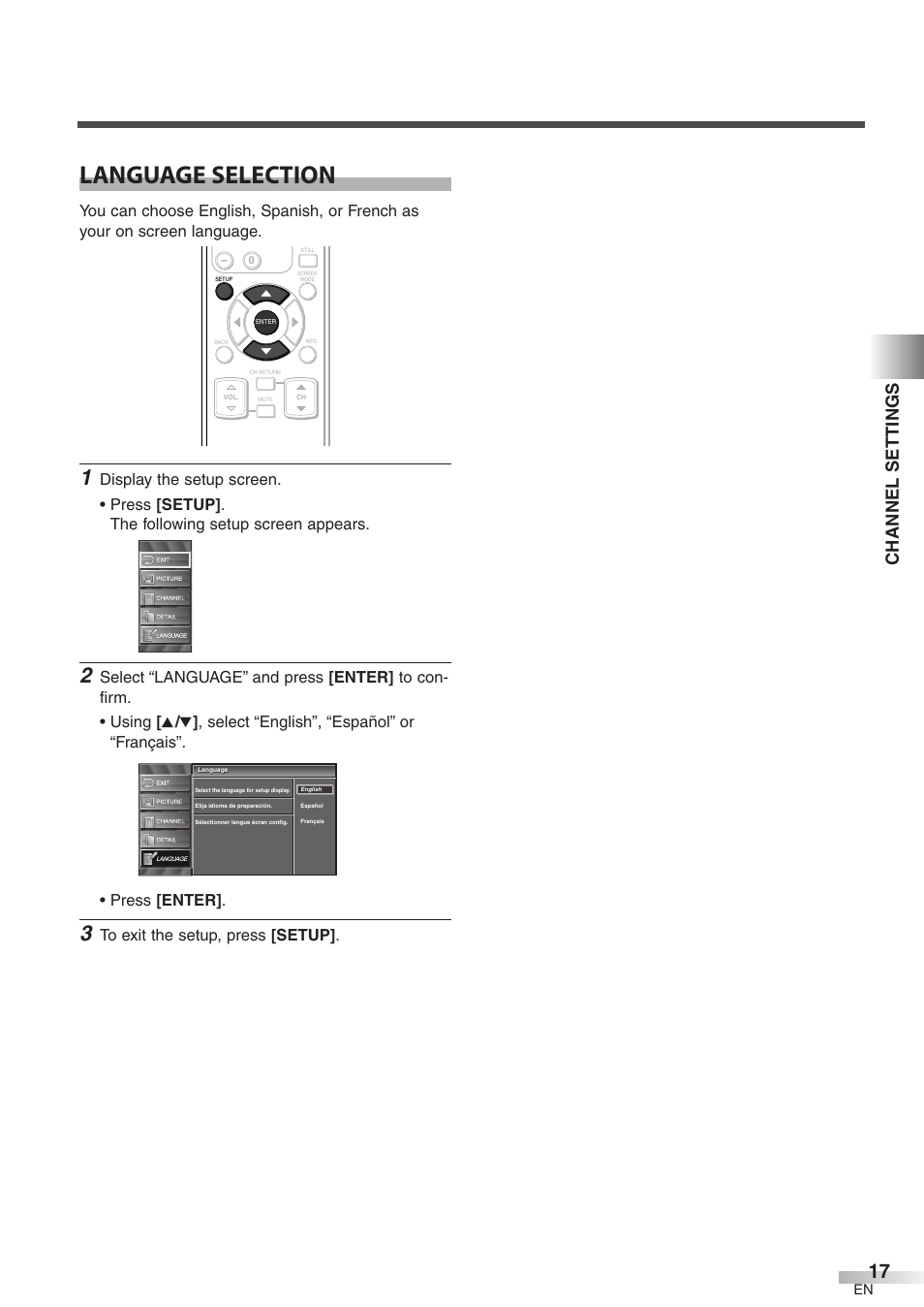 Language selection, Channel settings | Emerson LC320EM8 User Manual | Page 17 / 36