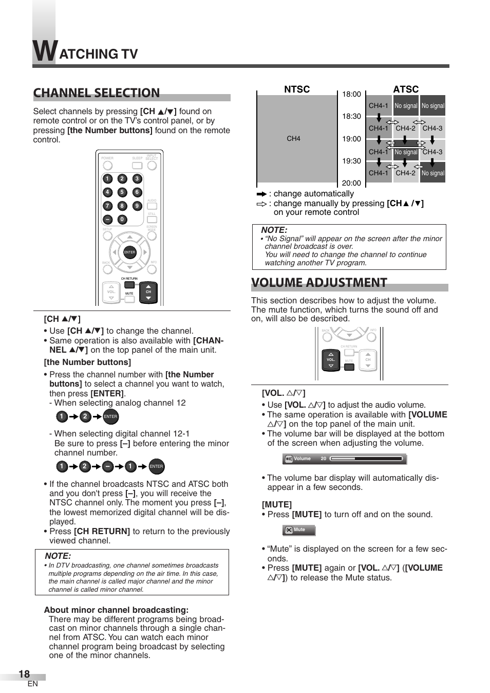 Channel selection, Volume adjustment, Atching tv | Atsc, Ntsc | Emerson LC320EM8 User Manual | Page 18 / 36