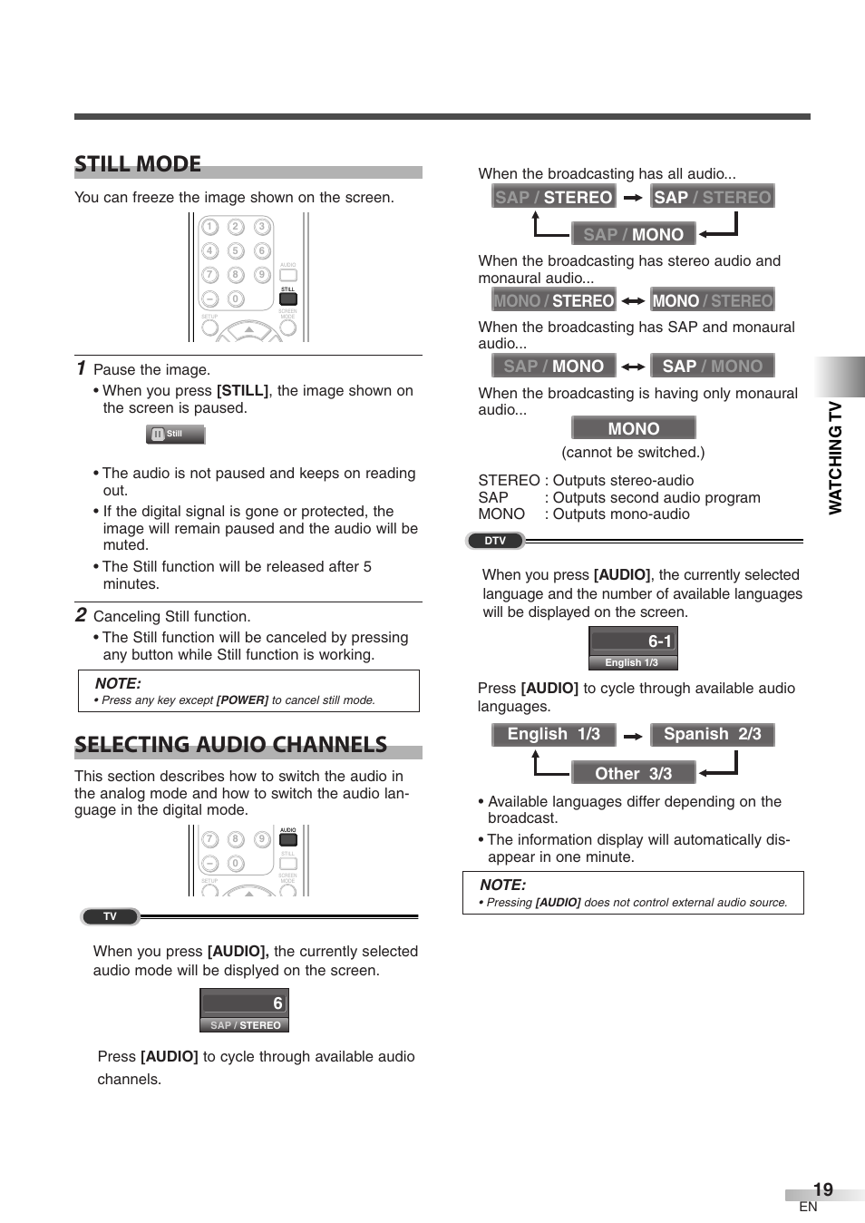 Still mode, Selecting audio channels, Wa t ching tv | Emerson LC320EM8 User Manual | Page 19 / 36