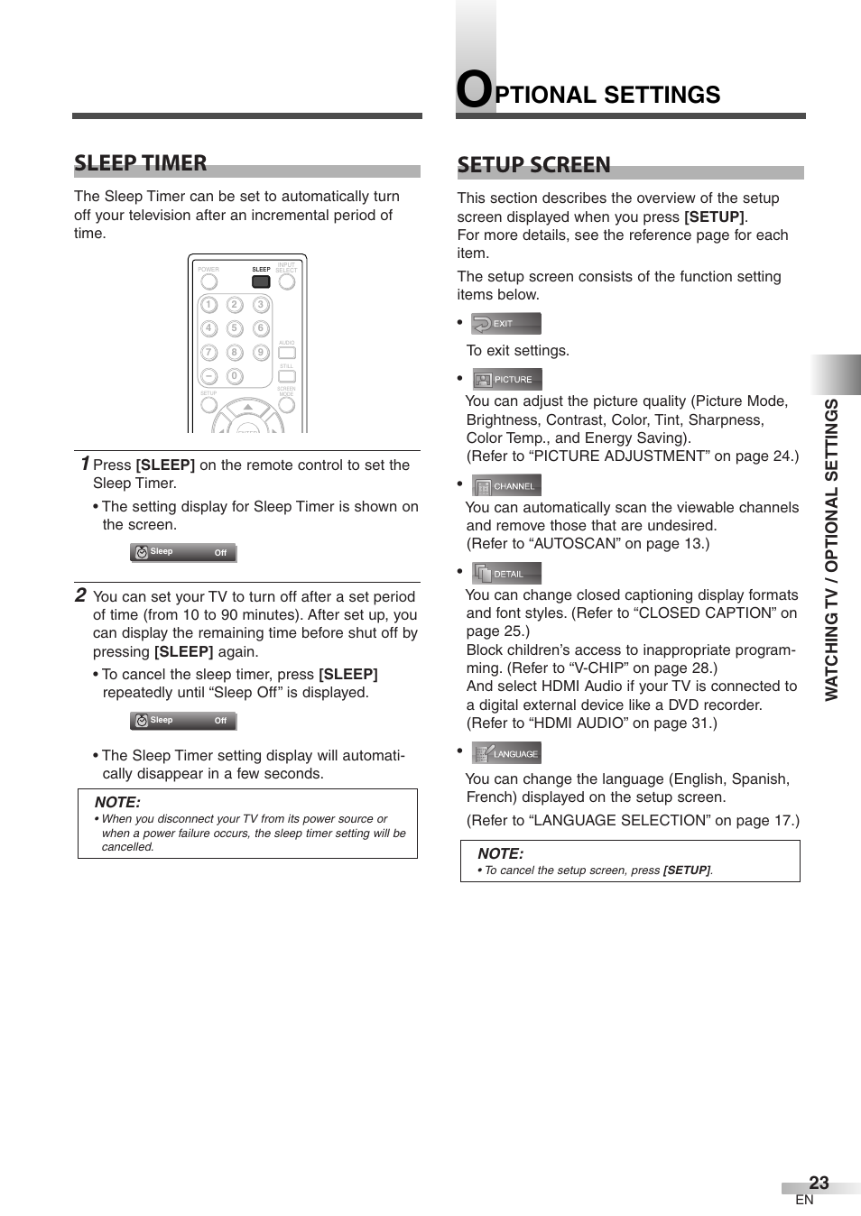 Ptional settings setup screen, Sleep timer, Wa tching tv / optional settings | Emerson LC320EM8 User Manual | Page 23 / 36