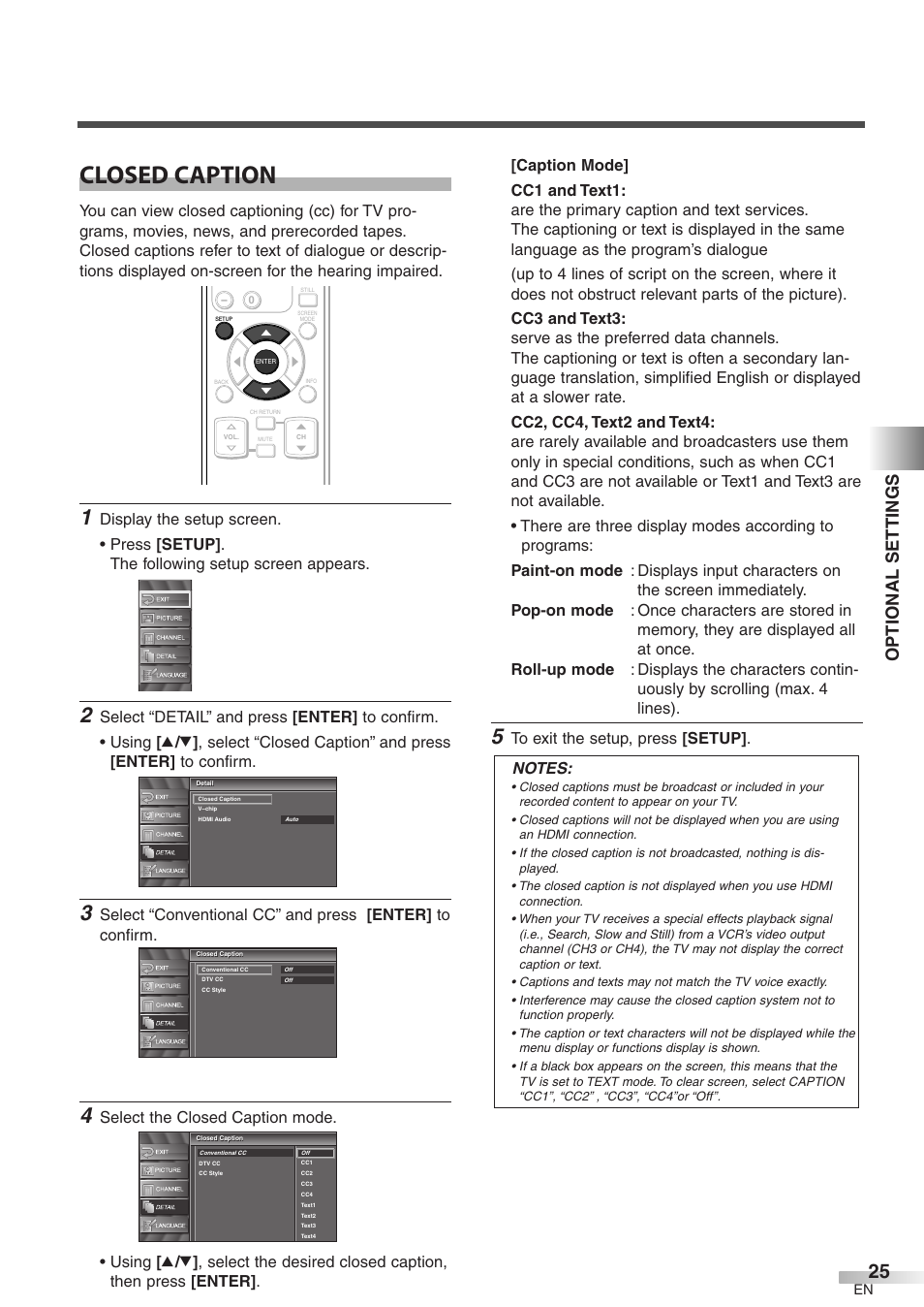 Closed caption, Optional settings | Emerson LC320EM8 User Manual | Page 25 / 36