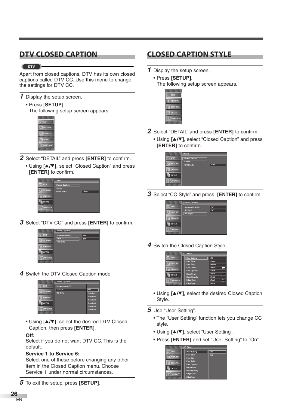 Dtv closed caption, Closed caption style, Select “dtv cc” and press [enter] to confirm | Select “cc style” and press [enter] to confirm | Emerson LC320EM8 User Manual | Page 26 / 36