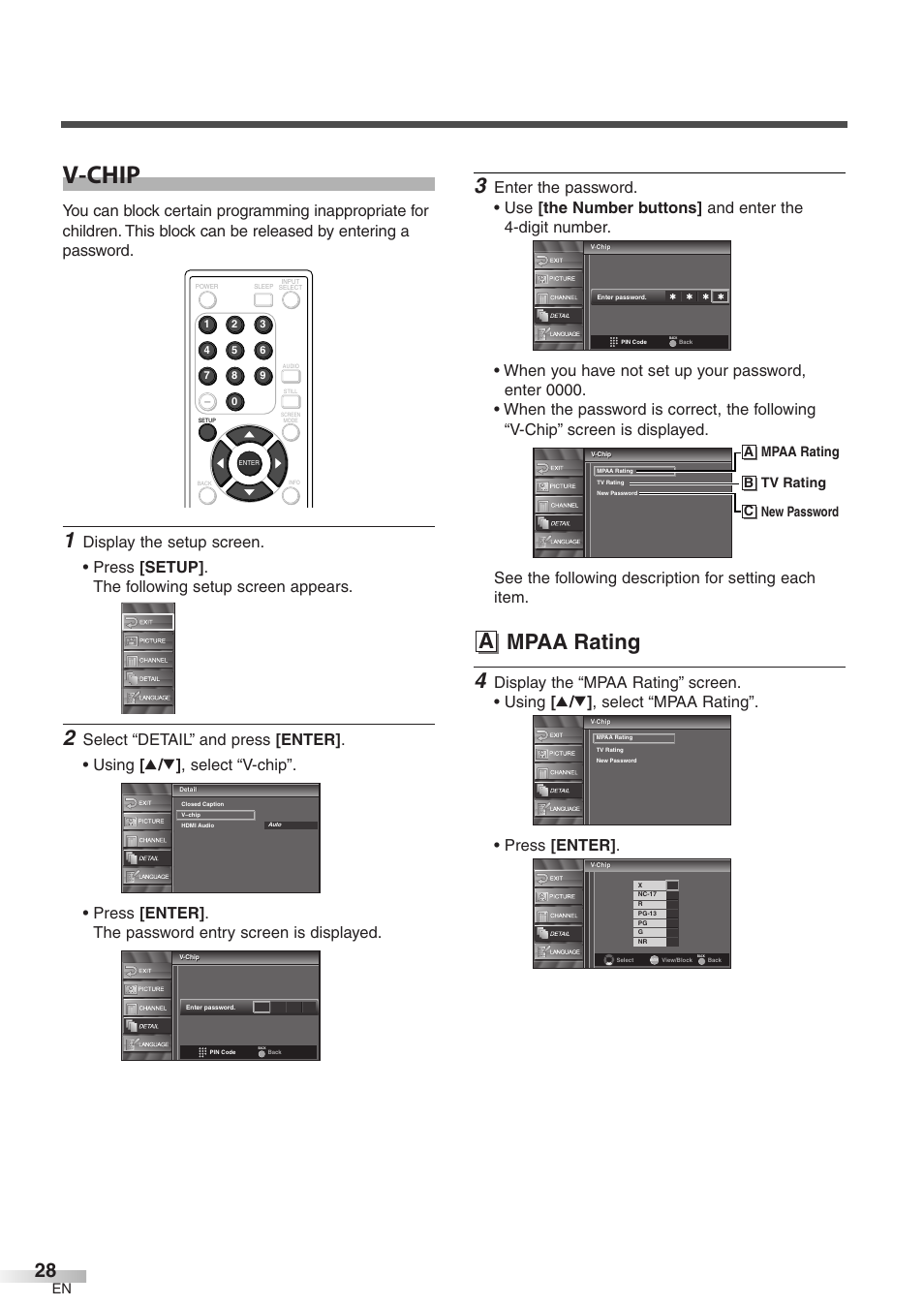 V-chip, A mpaa rating, A mpaa rating b tv rating c new password | Emerson LC320EM8 User Manual | Page 28 / 36