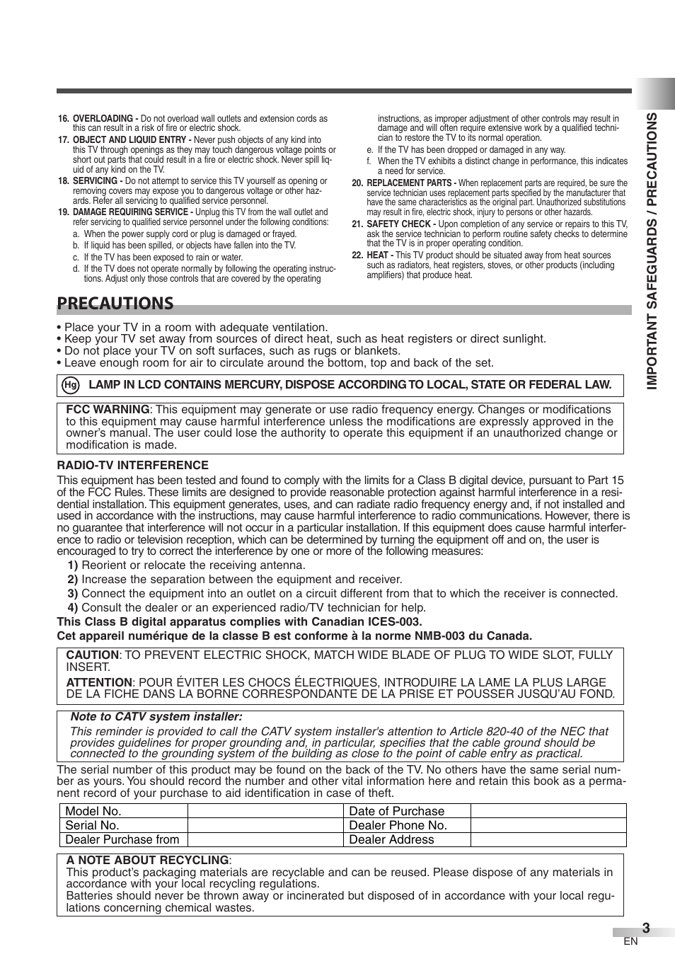 Precautions | Emerson LC320EM8 User Manual | Page 3 / 36