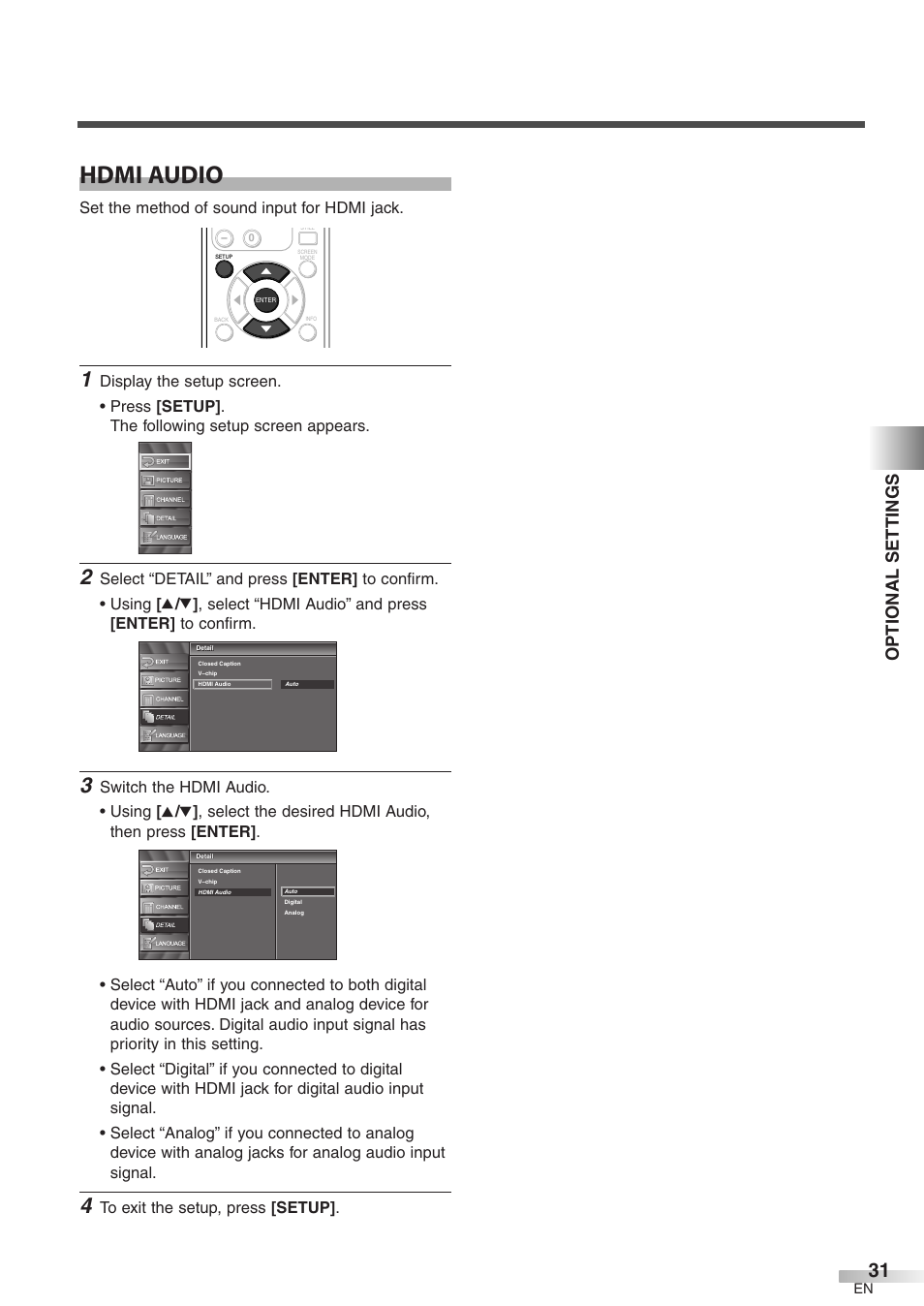 Hdmi audio, Optional settings, Set the method of sound input for hdmi jack | Emerson LC320EM8 User Manual | Page 31 / 36