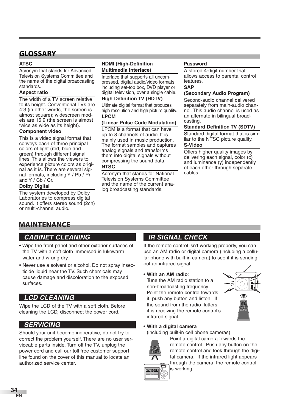 Maintenance glossary, Cabinet cleaning, Lcd cleaning | Servicing, Ir signal check | Emerson LC320EM8 User Manual | Page 34 / 36