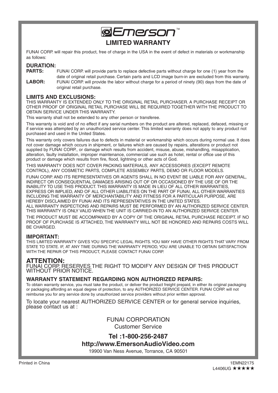 Limited warranty, Attention, Funai corporation customer service | Emerson LC320EM8 User Manual | Page 36 / 36