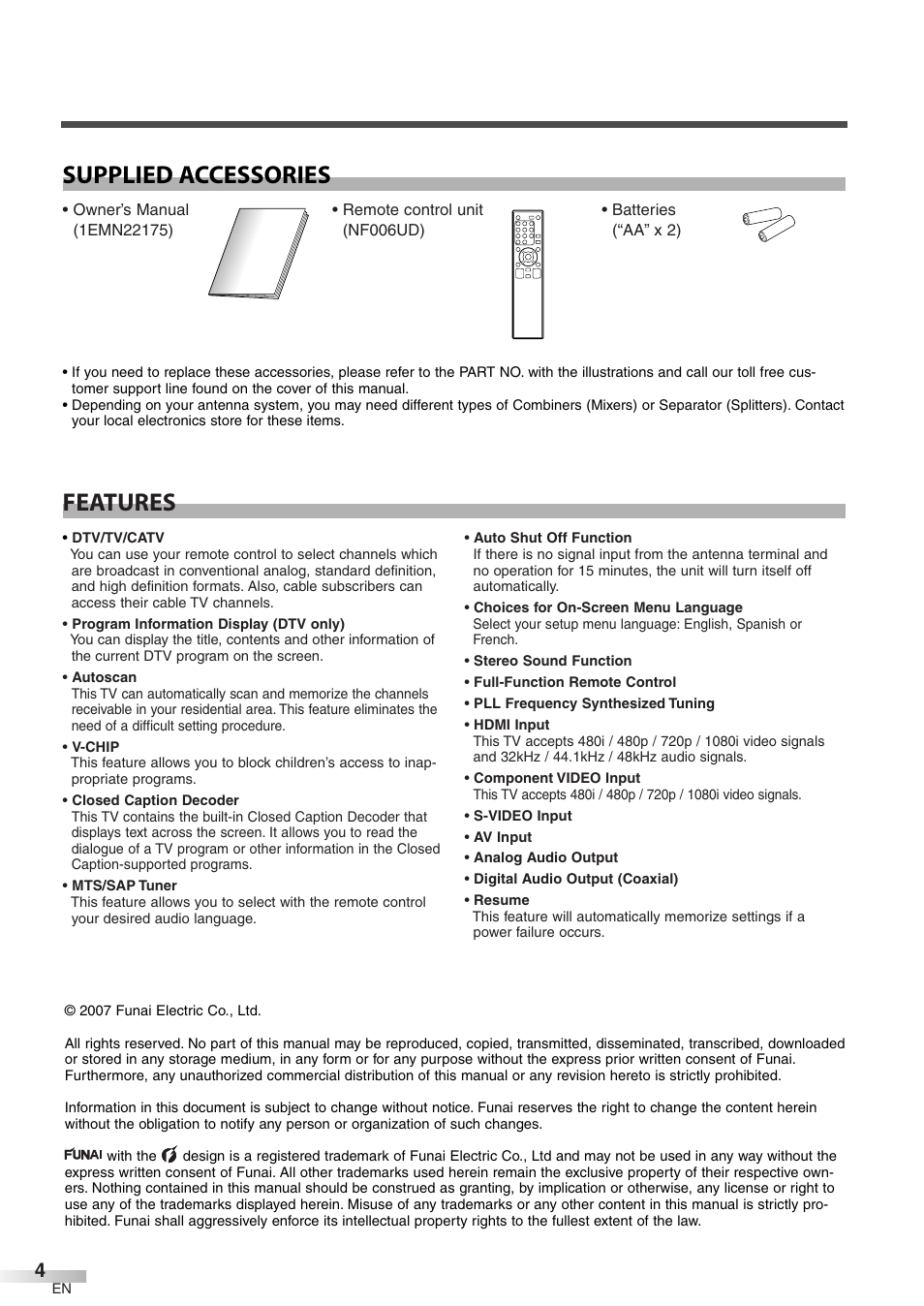 Features supplied accessories | Emerson LC320EM8 User Manual | Page 4 / 36