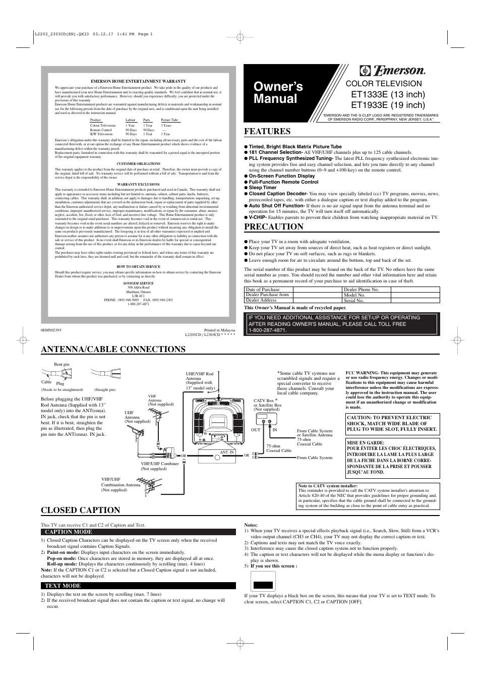 Emerson ET1333E User Manual | 4 pages