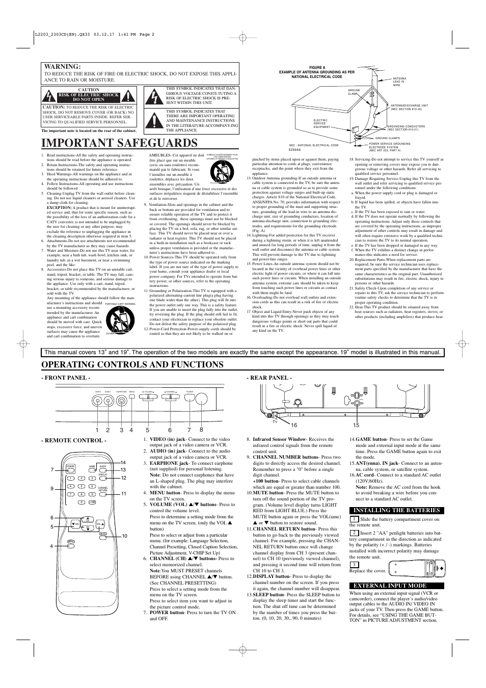 Important safeguards, Operating controls and functions, Warning | Front panel - - rear panel, Remote control, Installing the batteries, External input mode | Emerson ET1333E User Manual | Page 2 / 4