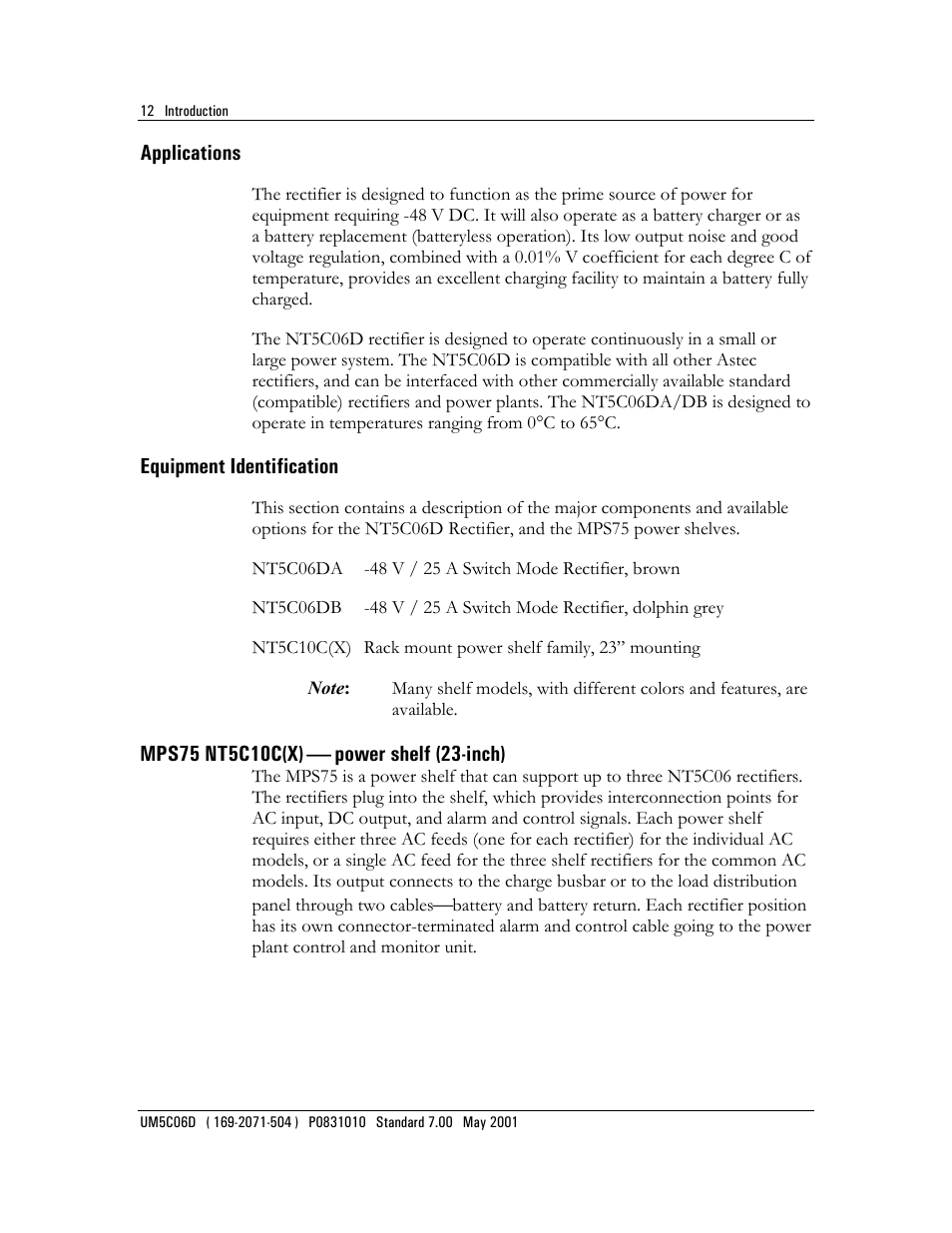 Applications equipment identification, Mps75 nt5c10c(x), Power shelf (23-inch) | Emerson NT5C06D User Manual | Page 12 / 56