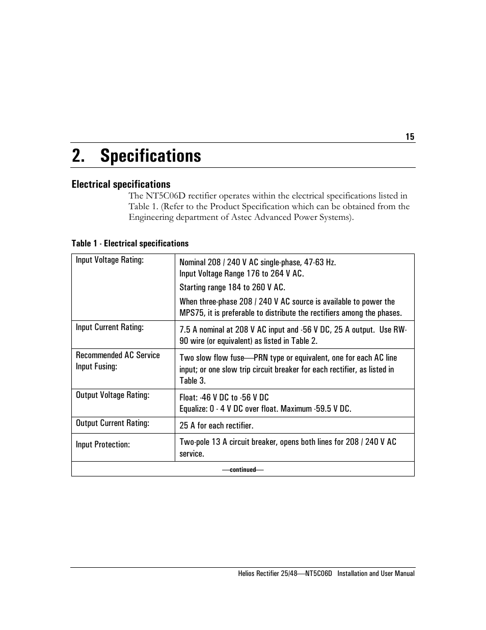 Specifications electrical specifications, Table 1 - electrical specifications, Specifications | Emerson NT5C06D User Manual | Page 15 / 56