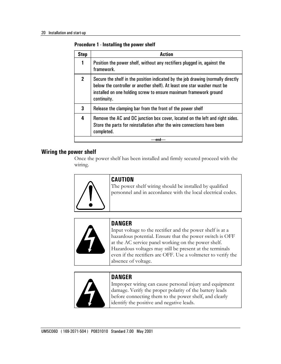 Wiring the power shelf, Procedure 1 - installing the power shelf | Emerson NT5C06D User Manual | Page 20 / 56