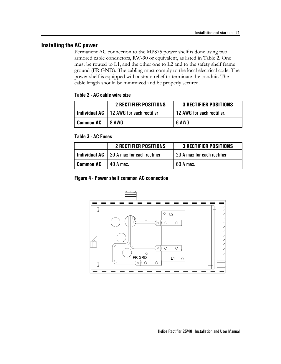 Installing the ac power, Figure 4 - power shelf common ac connection, Table 2 - ac cable wire size | Table 3 - ac fuses | Emerson NT5C06D User Manual | Page 21 / 56