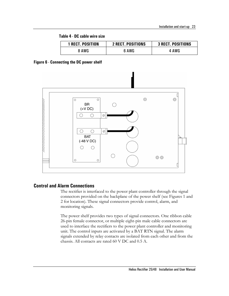 Control and alarm connections, Figure 6 - connecting the dc power shelf, Table 4 - dc cable wire size | Emerson NT5C06D User Manual | Page 23 / 56