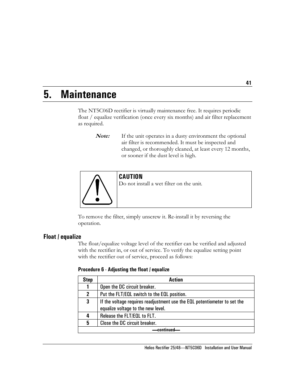 Maintenance float / equalize, Procedure 6 - adjusting the float / equalize, Maintenance | Emerson NT5C06D User Manual | Page 41 / 56