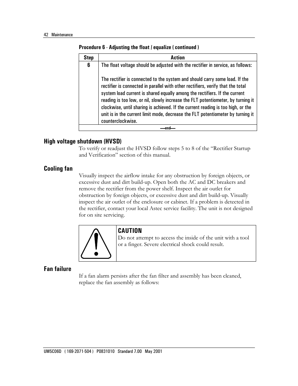 High voltage shutdown (hvsd) cooling fan, High voltage shutdown (hvsd), Cooling fan | Caution, Fan failure | Emerson NT5C06D User Manual | Page 42 / 56
