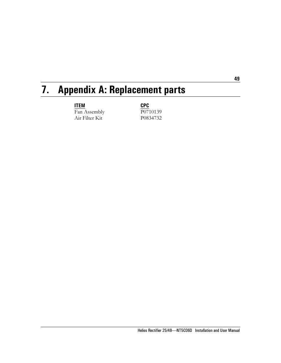 Appendix a: replacement parts | Emerson NT5C06D User Manual | Page 49 / 56
