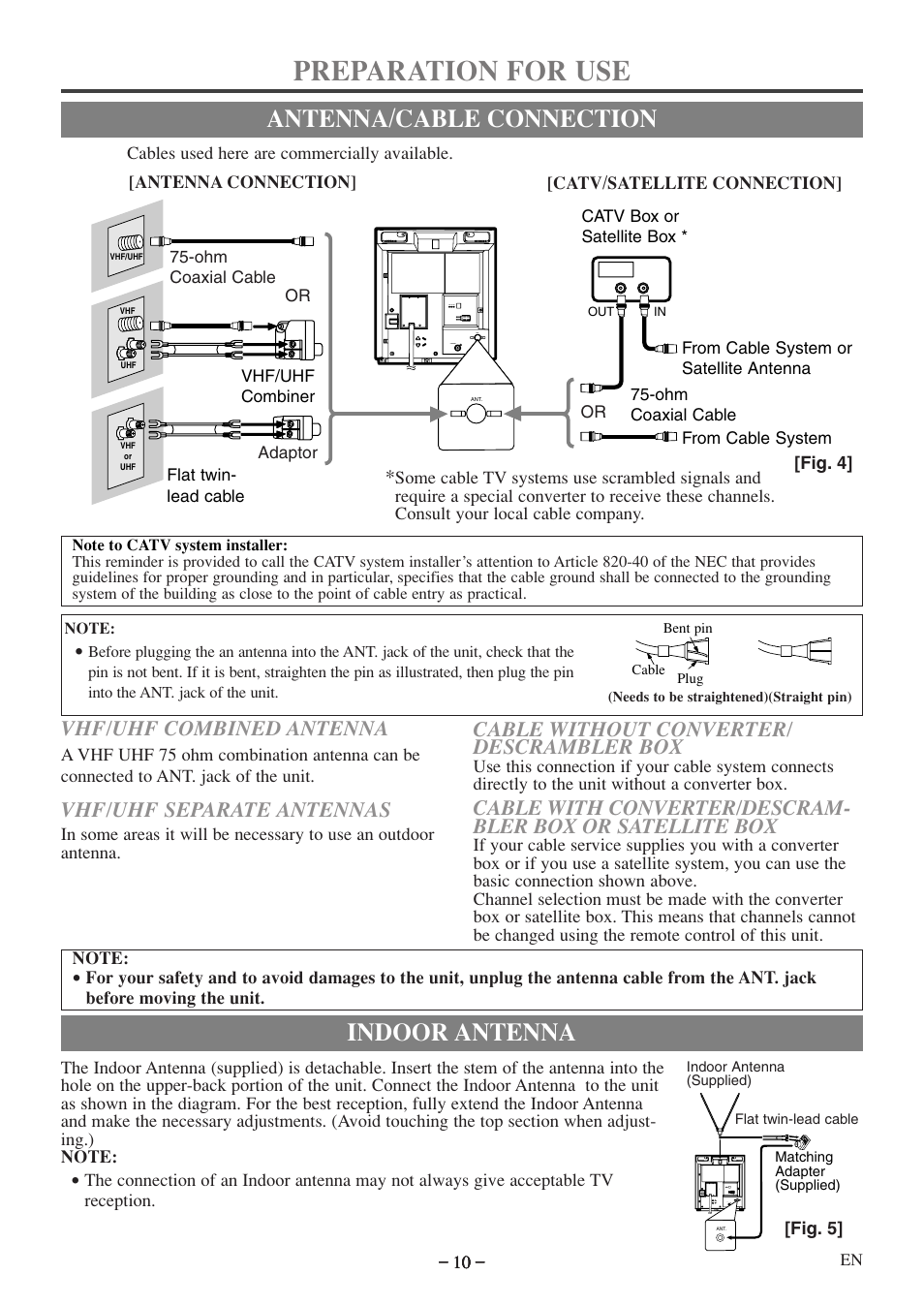 Preparation for use, Antenna/cable connection, Indoor antenna | Cable without converter/ descrambler box, Vhf/uhf combined antenna, Vhf/uhf separate antennas | Emerson EWC09D5 B User Manual | Page 10 / 40