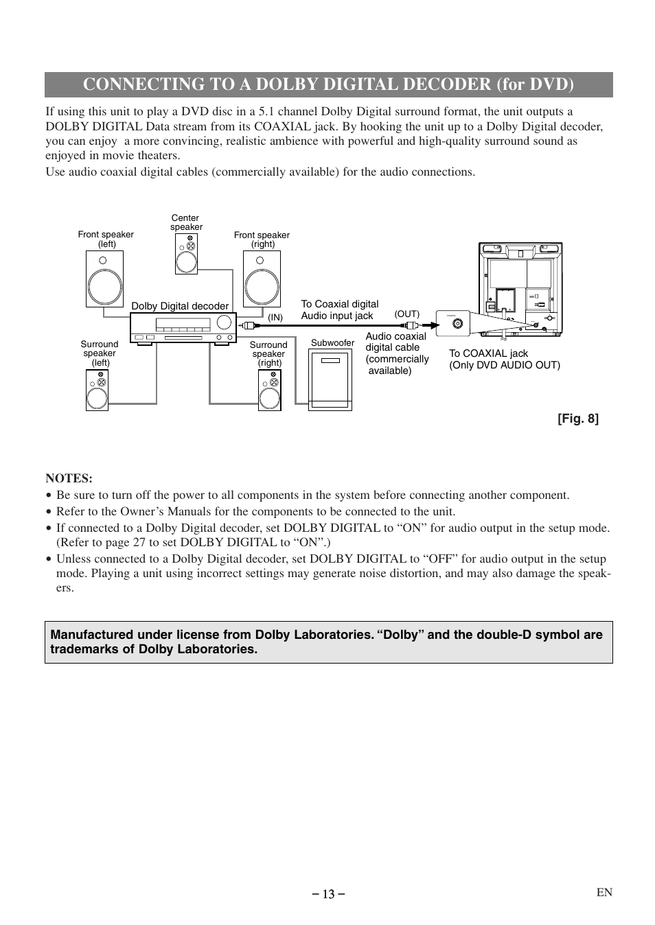 Connecting to a dolby digital decoder (for dvd) | Emerson EWC09D5 B User Manual | Page 13 / 40