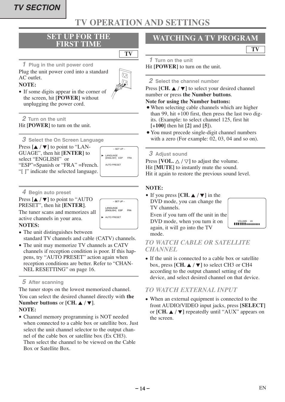 Tv operation and settings, Set up for the first time, Watching a tv program | Emerson EWC09D5 B User Manual | Page 14 / 40