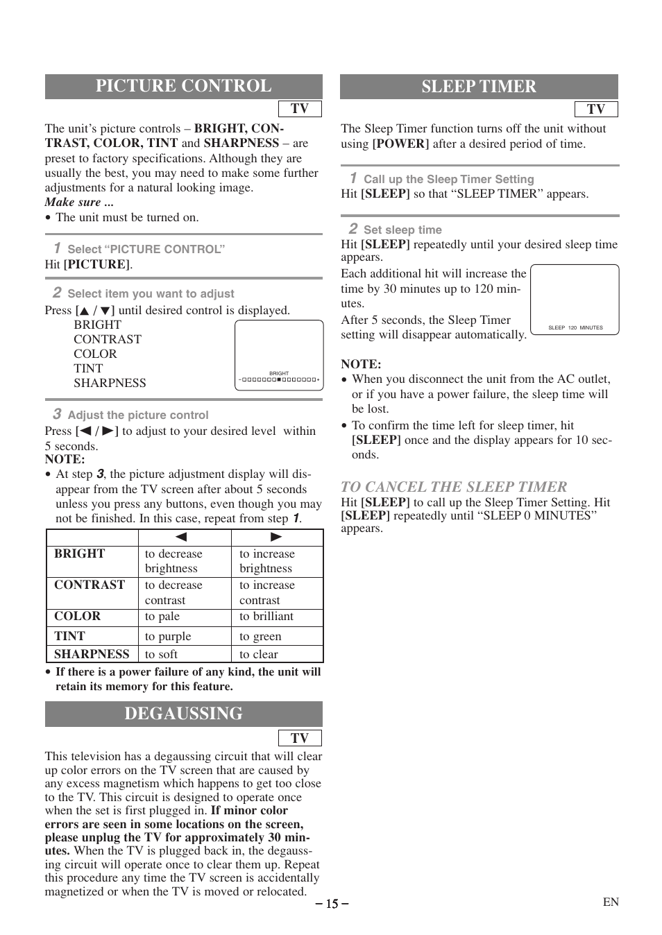 Degaussing, Picture control, Sleep timer | Emerson EWC09D5 B User Manual | Page 15 / 40
