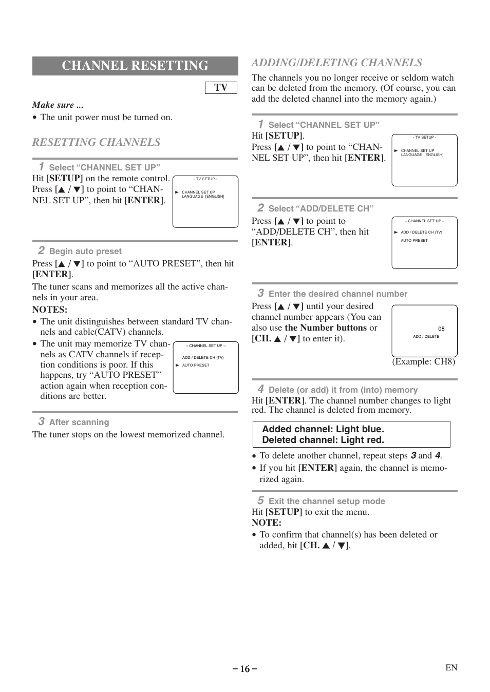 Channel resetting, Resetting channels 1, Adding/deleting channels | Emerson EWC09D5 B User Manual | Page 16 / 40