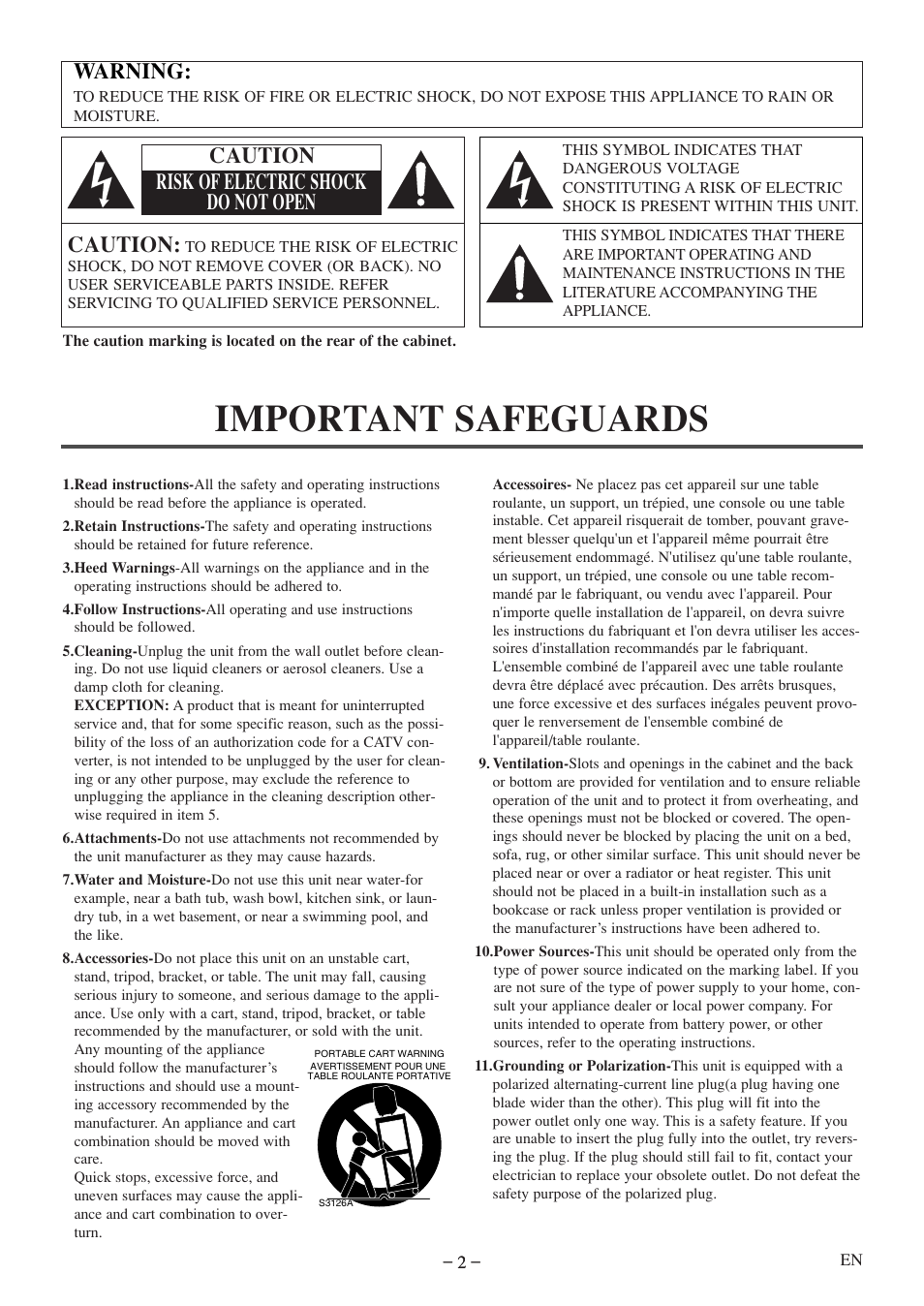 Important safeguards, Warning, Caution | Caution risk of electric shock do not open | Emerson EWC09D5 B User Manual | Page 2 / 40