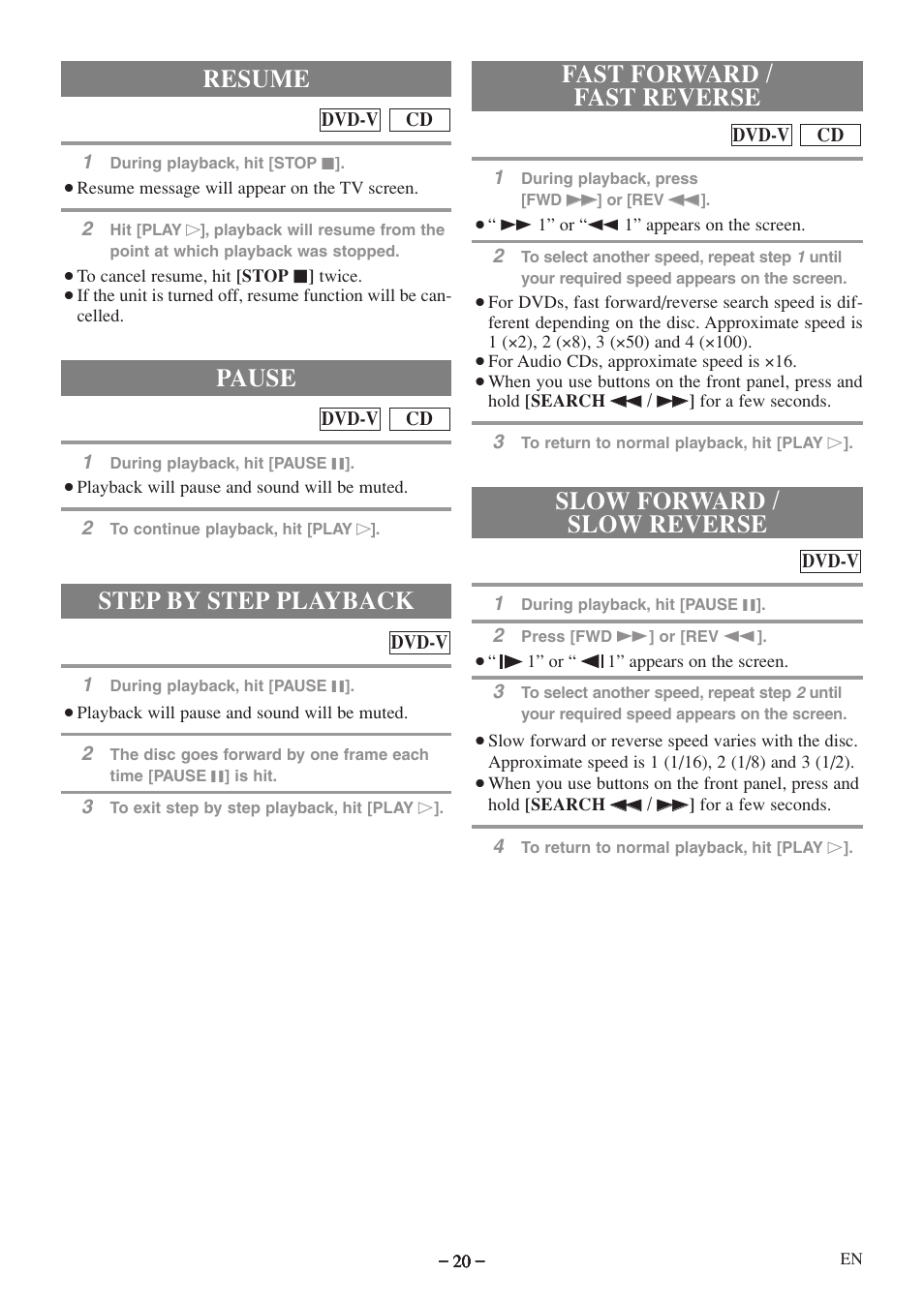 Step by step playback, Resume, Pause | Emerson EWC09D5 B User Manual | Page 20 / 40