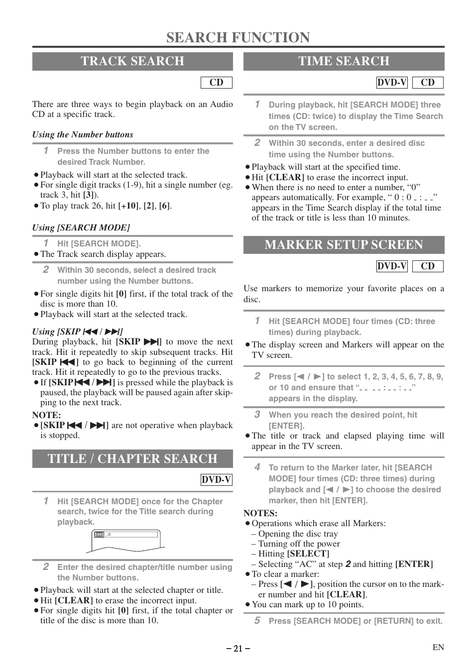 Search function, Track search, Title / chapter search | Time search, Marker setup screen | Emerson EWC09D5 B User Manual | Page 21 / 40