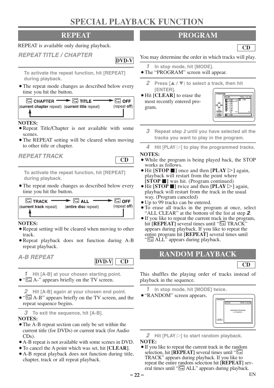 Special playback function, Repeat, Program | Random playback | Emerson EWC09D5 B User Manual | Page 22 / 40