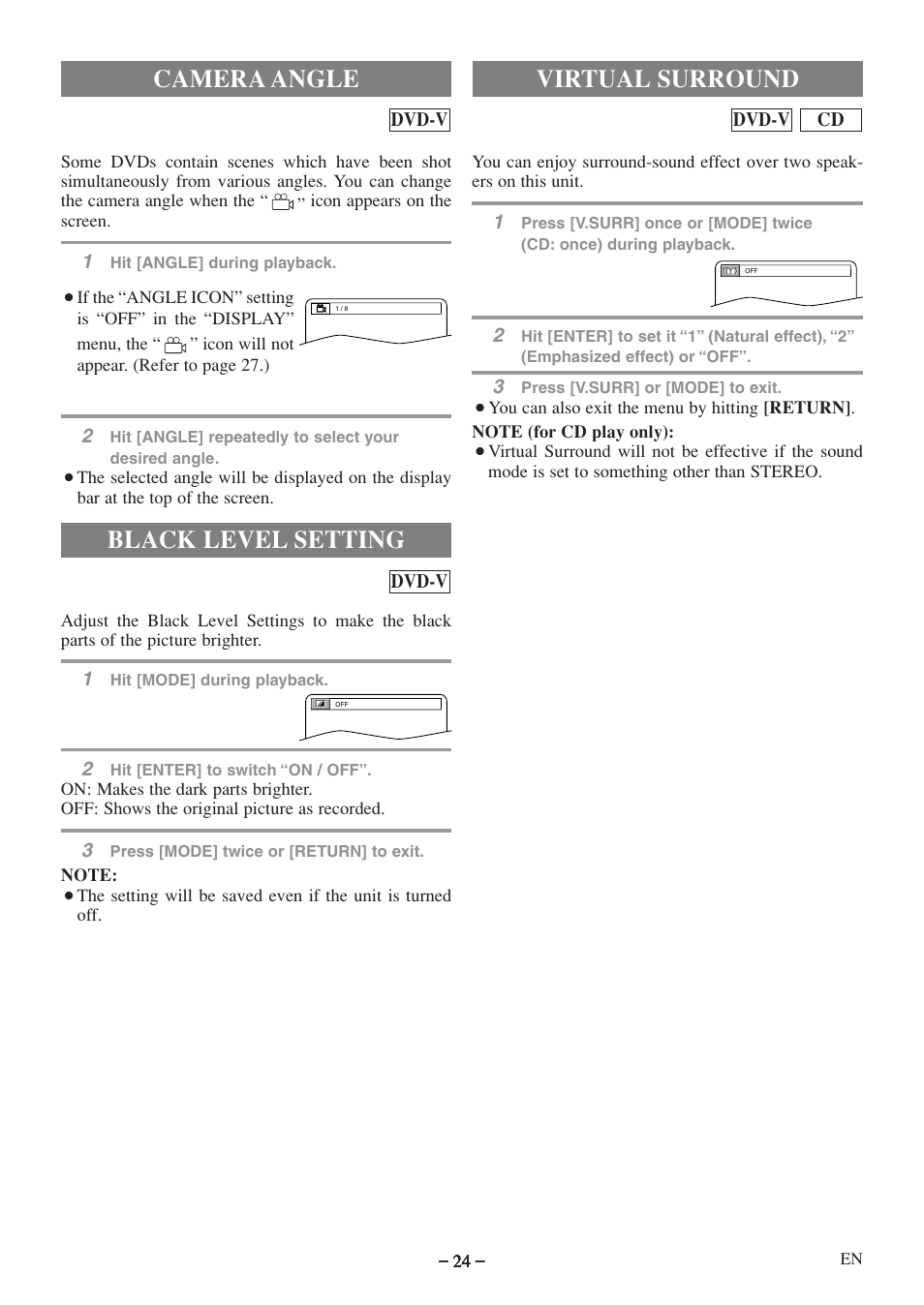 Camera angle, Black level setting, Virtual surround | Emerson EWC09D5 B User Manual | Page 24 / 40