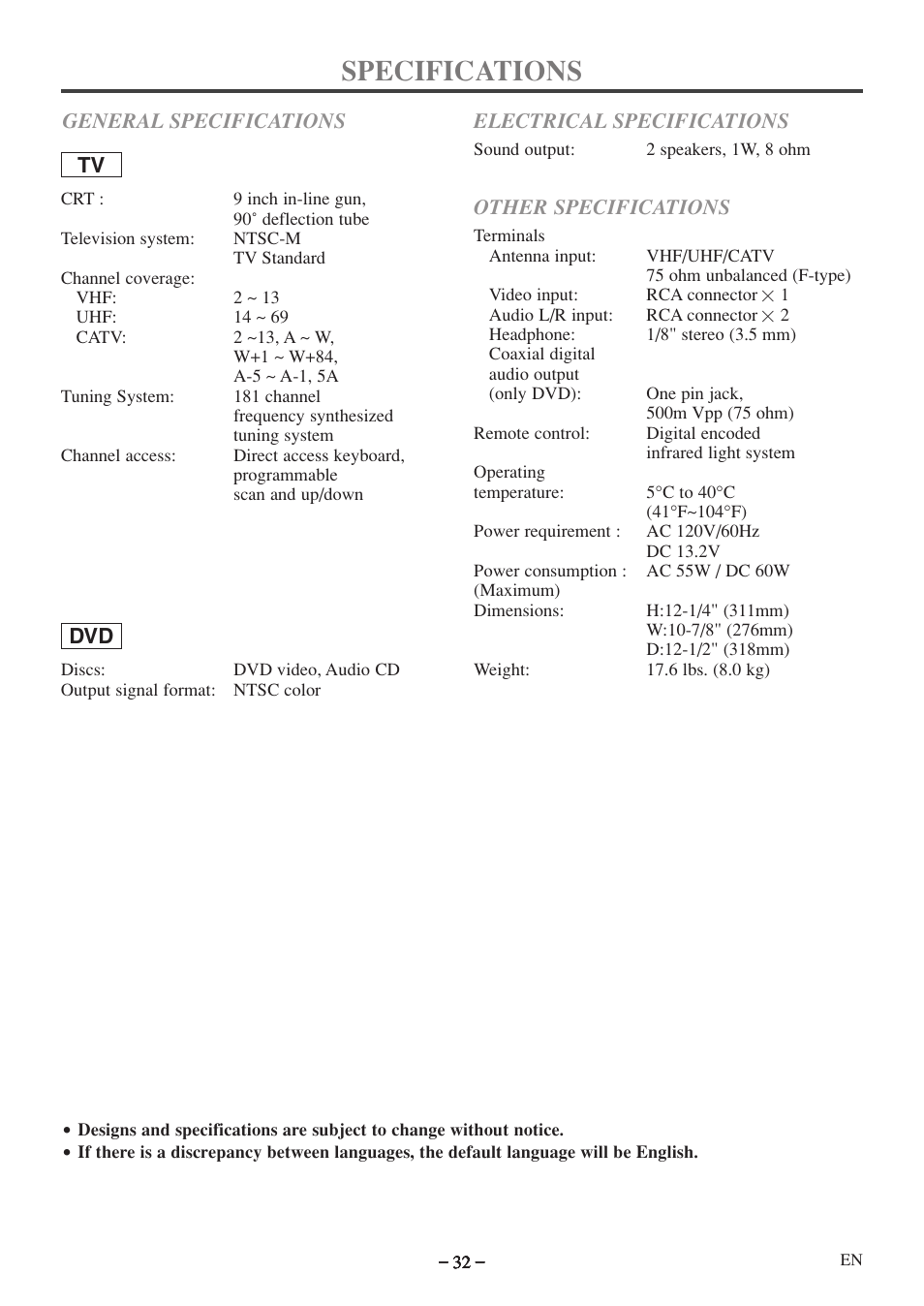 Specifications | Emerson EWC09D5 B User Manual | Page 32 / 40