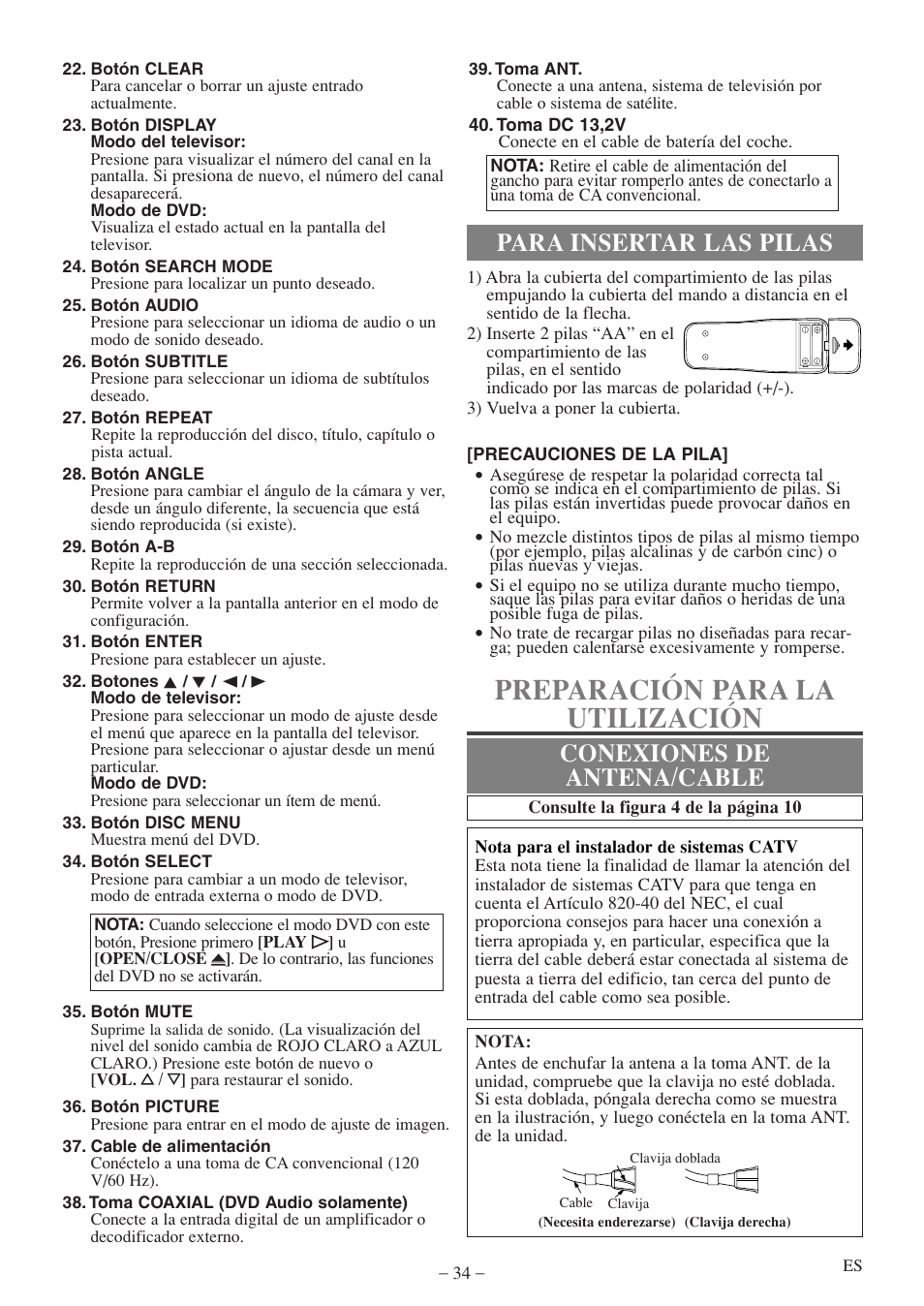 Preparación para la utilización, Para insertar las pilas conexiones de antena/cable | Emerson EWC09D5 B User Manual | Page 34 / 40