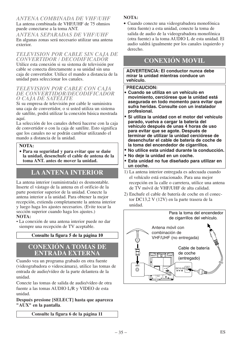 La antena interior, Conexión movil, Conexión a tomas de entrada externa | Emerson EWC09D5 B User Manual | Page 35 / 40