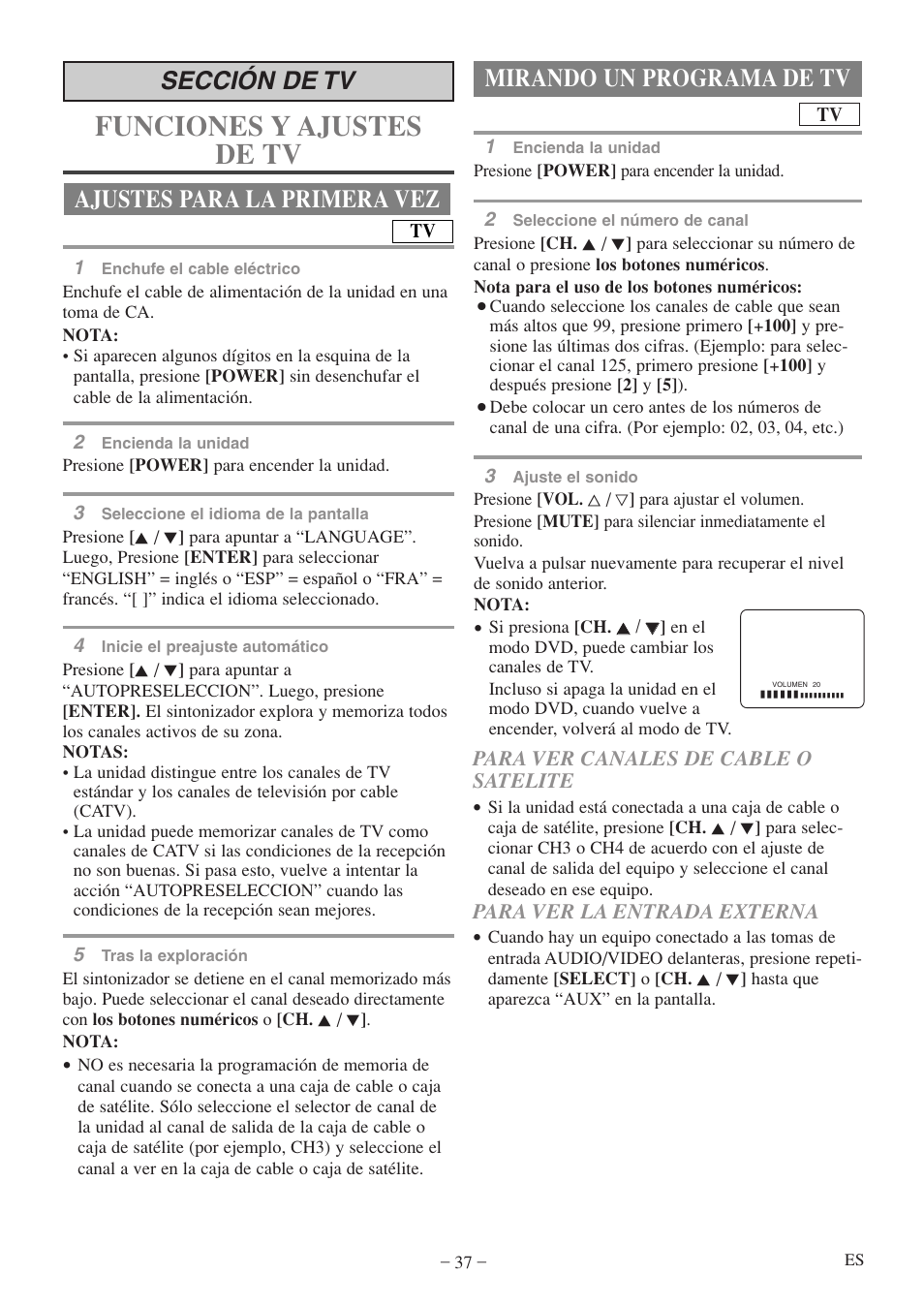 Funciones y ajustes de tv, Ajustes para la primera vez, Sección de tv | Mirando un programa de tv | Emerson EWC09D5 B User Manual | Page 37 / 40