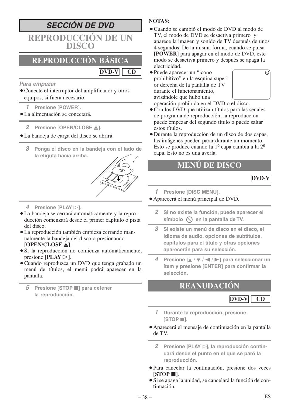 Reproducción de un disco, Reproducción básica, Sección de dvd | Menú de disco, Reanudación | Emerson EWC09D5 B User Manual | Page 38 / 40