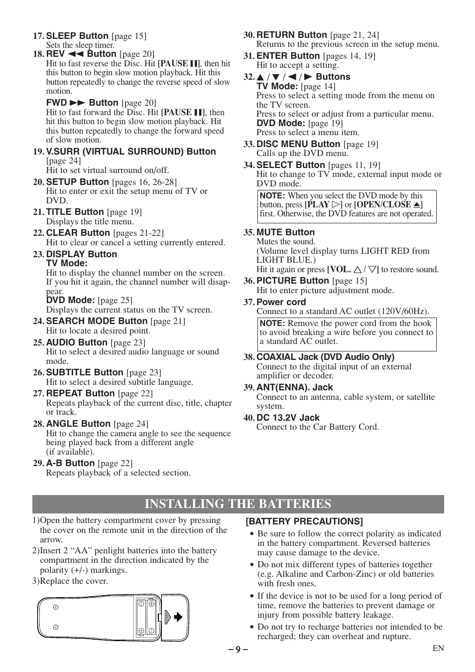 Installing the batteries | Emerson EWC09D5 B User Manual | Page 9 / 40