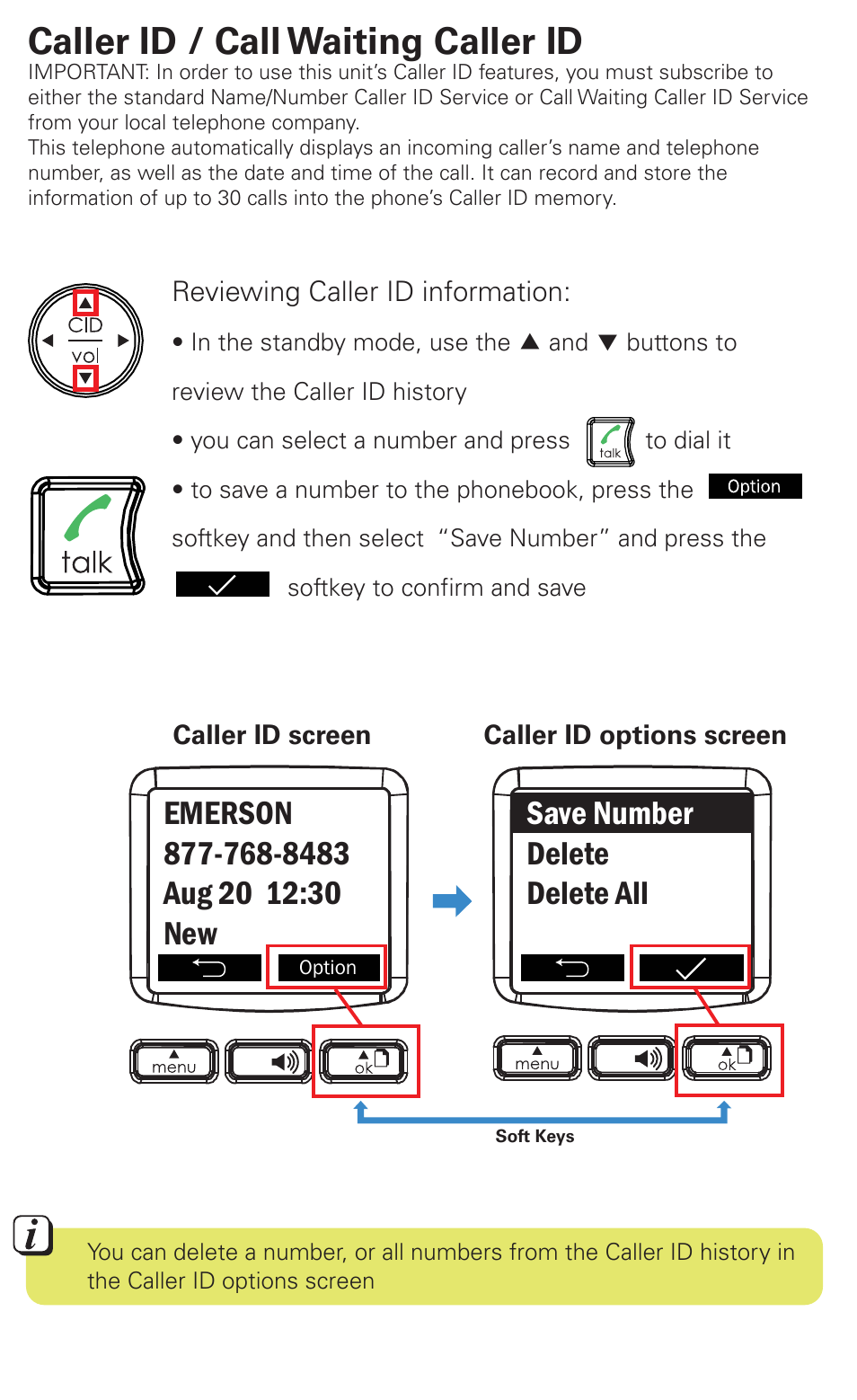 Call waiting / flash, Caller id / call waiting caller id, Save number delete delete all | Emerson EM6120-2 User Manual | Page 10 / 28