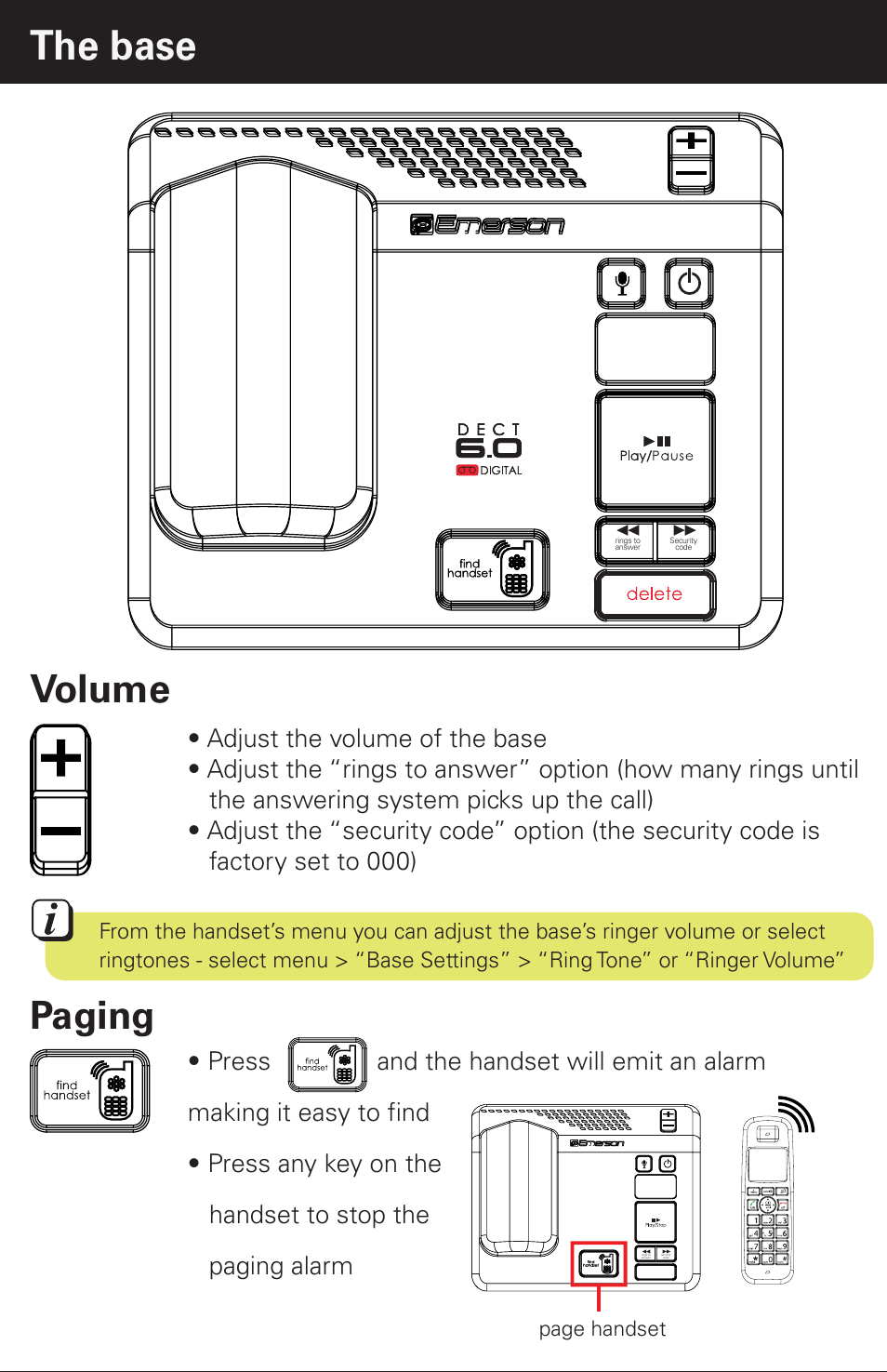 The base, Paging, Power on/off | Outgoing message, Volume | Emerson EM6120-2 User Manual | Page 15 / 28