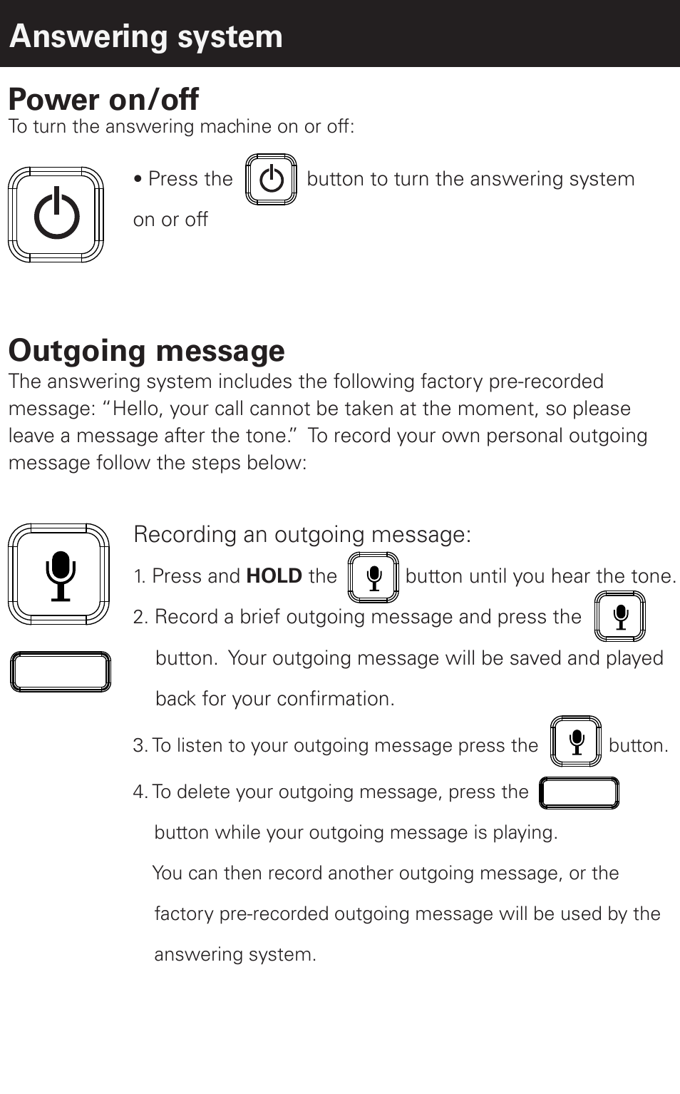 Answering system, Power on/off, Outgoing message | Emerson EM6120-2 User Manual | Page 16 / 28