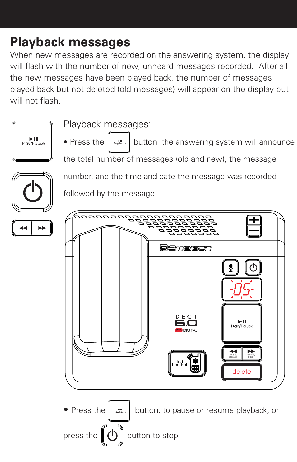 Recording an outgoing message, Playback messages | Emerson EM6120-2 User Manual | Page 17 / 28