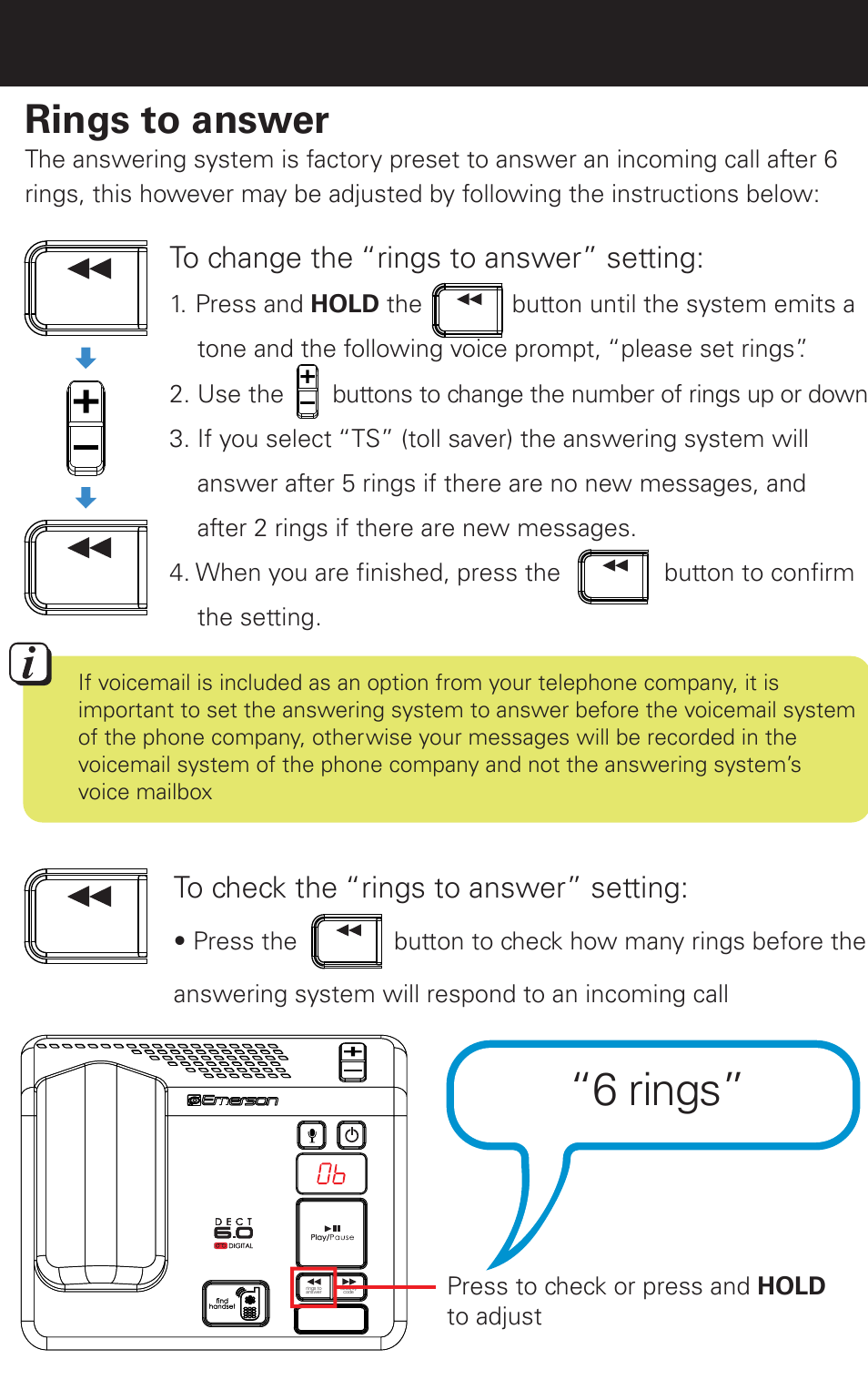 6 rings, Rings to answer | Emerson EM6120-2 User Manual | Page 21 / 28