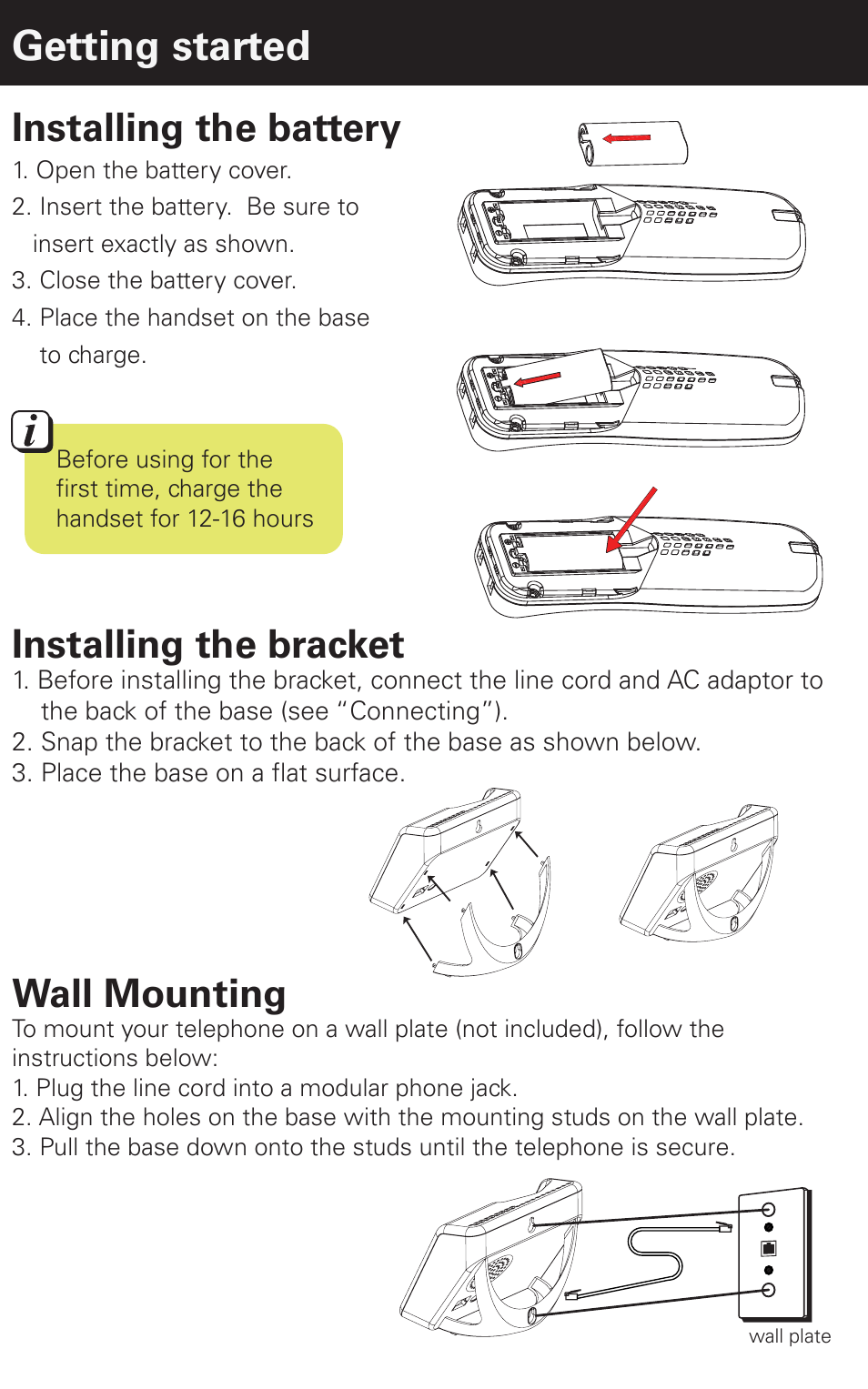 Getting started, Installing the battery, Installing the bracket | Wall mounting | Emerson EM6120-2 User Manual | Page 3 / 28