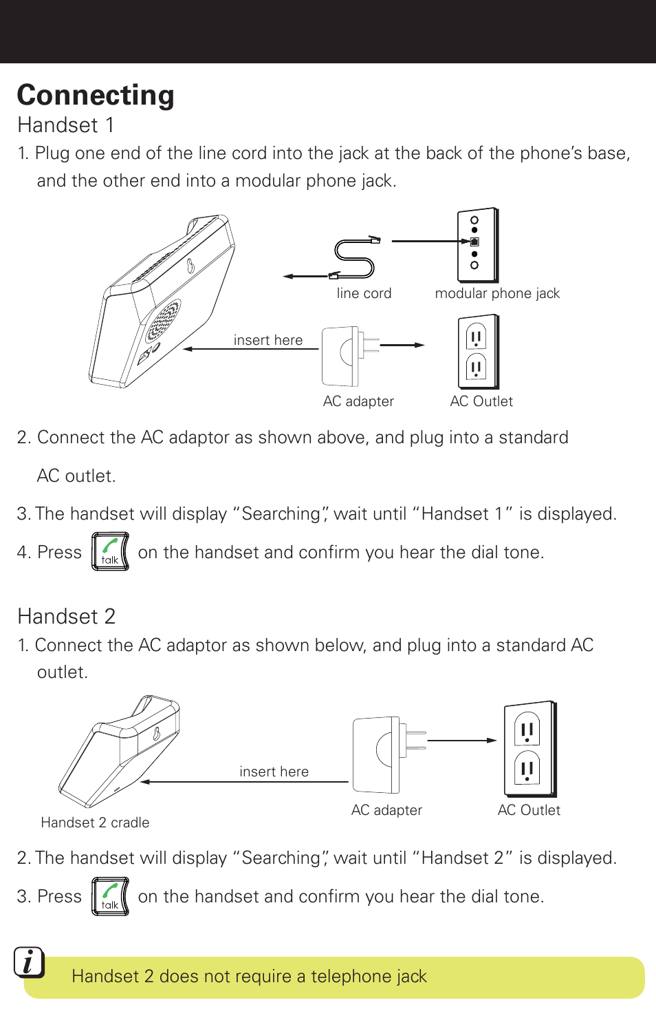 Connecting, Rechargeable battery warning, Handset 1 | Handset 2 | Emerson EM6120-2 User Manual | Page 5 / 28
