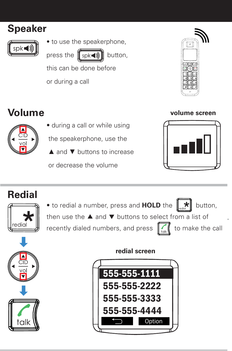 Phonebook, Volume, Redial speaker | Emerson EM6120-2 User Manual | Page 7 / 28